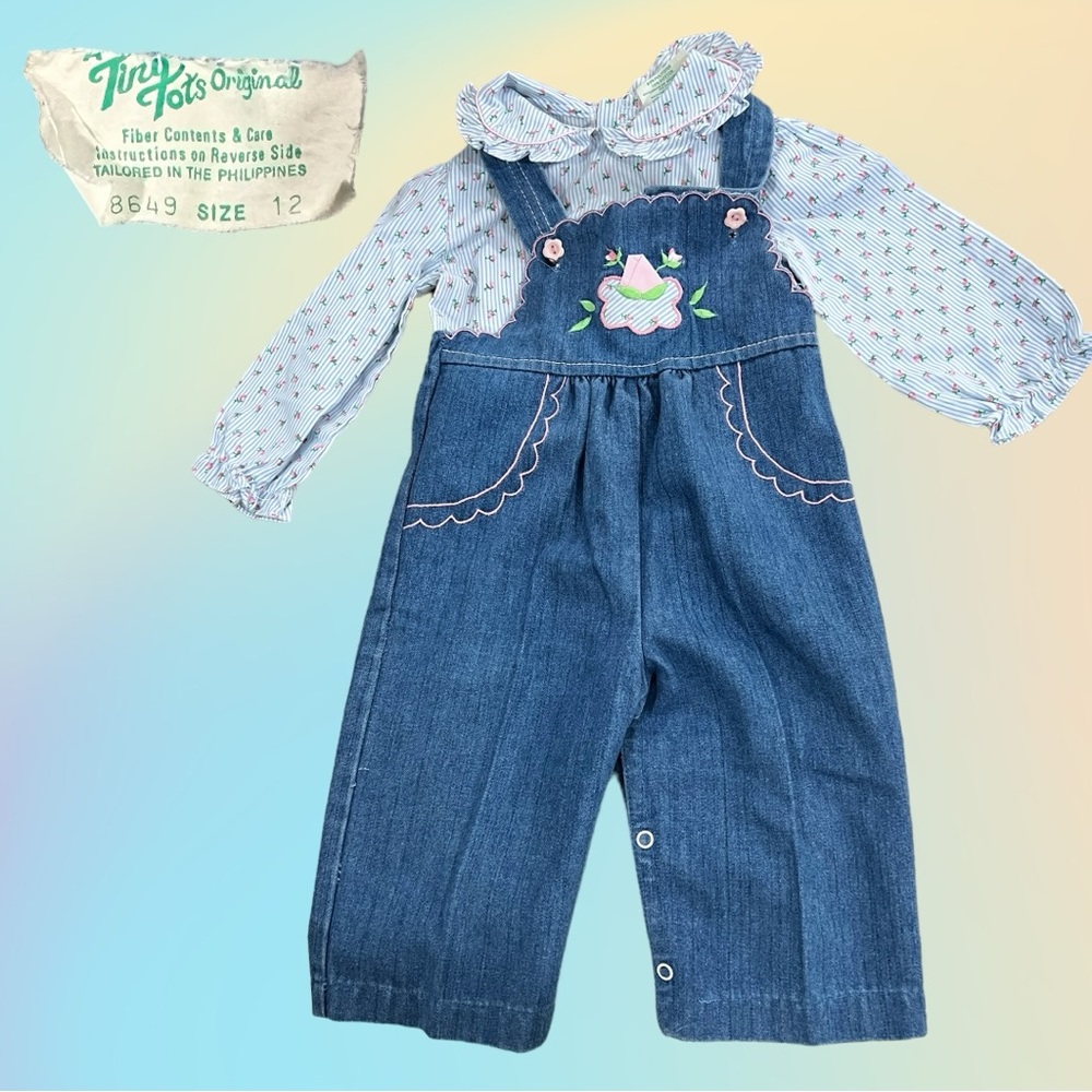 VTG 80's Tiny Tots Original 2 Piece Denim Overall & L/S Striped Top Set Sz 12 mo